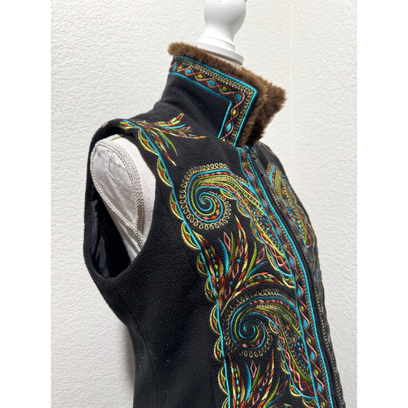 Bob Mackie Wearable Art Embroidered Vest w Faux Fur Collar Size S Zip Womens - Picture 5 of 11